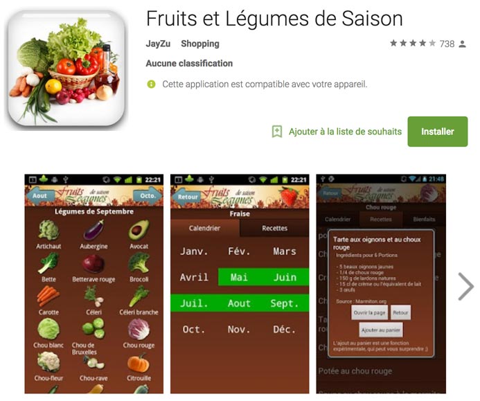 Capture d'écran de la page Google Play de l'application Fruits et Légumes de Saison