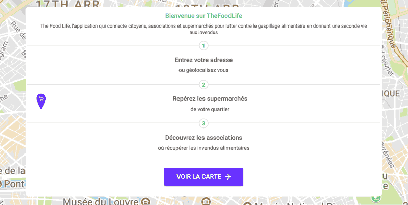 Capture d'écran du site thefoodlife.org et de l'application smartphone TheFoodLife qui propose de repérerer les supermarchés et les associations qui distribuent de la nourriture gratuite