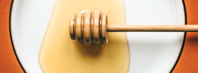Photographie d'une cuillère plein de miel liquide sur une assiette blanche