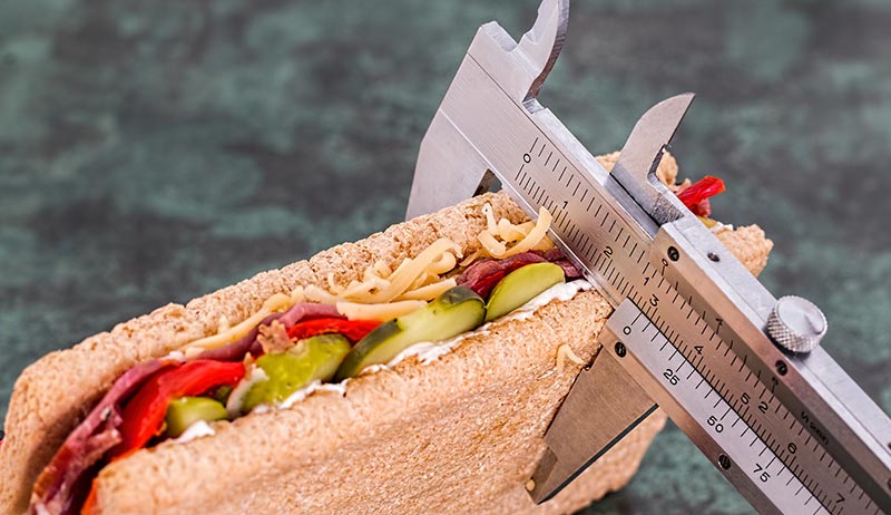 Photographie en couleur d'un sandwich à base de pain complet, de concombre, de viande séchée et divers autres aliments, mesuré à l'aide d'une règle industrielle, afin de pouvoir mesurer les apports nutritionnels nécessaires chaque jour et notamment le volume d'aliments riches en fibres alimentaires à conqommer quotidiennement.