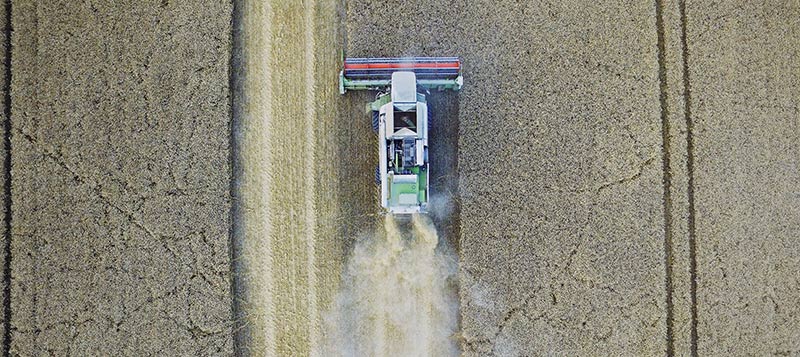 Photographie aérienne d'un agriculteur en tracteur, en train de moissonner son champs de céréales pour produire des aliments bio