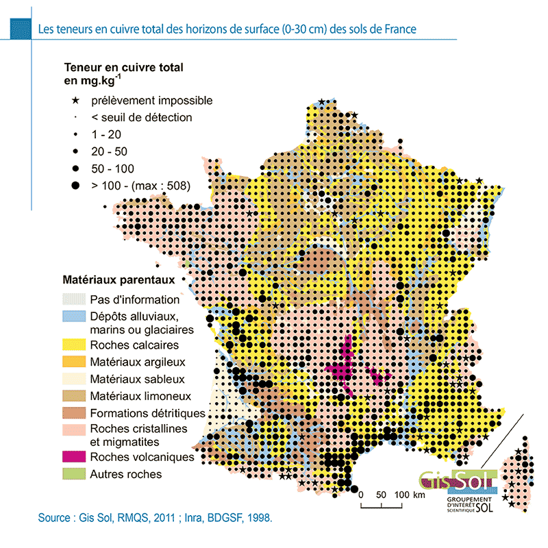 Carte de France de l'accumulation de cuivre dans le sol, liée à l'utilisation de la bouillie bordelaise, un pesticide composé de métaux lourd et toléré en agriculture biologique (vin, pommes, poires, pomme de terre et d'autres aliments bio).