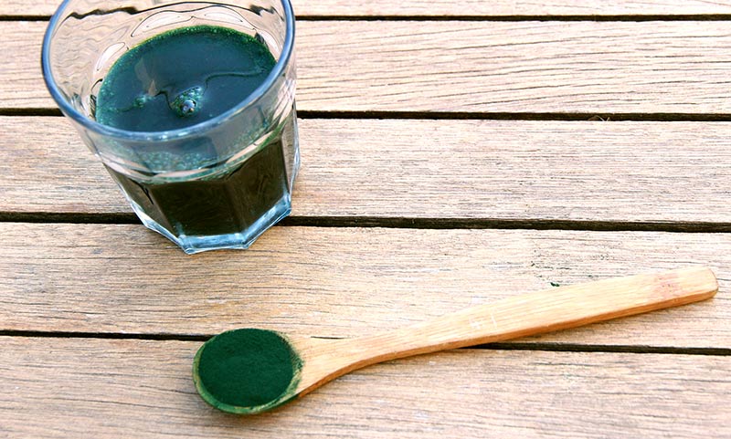 Spiruline en poudre (algue comestible) mélangée dans un verre d'eau