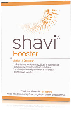 Boîte de Shavi Booster, le meilleur complément alimentaire naturel pour une cure de magnésium, afin d'éviter fatigue et stress